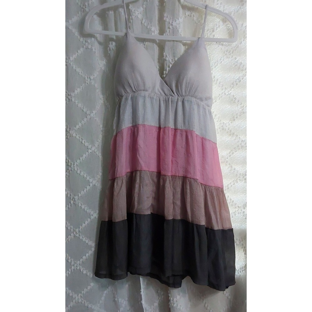 Rebellion Tiered Colorblock Mini Dress Large Grey Pink Tan Charcoal Smocked Back
